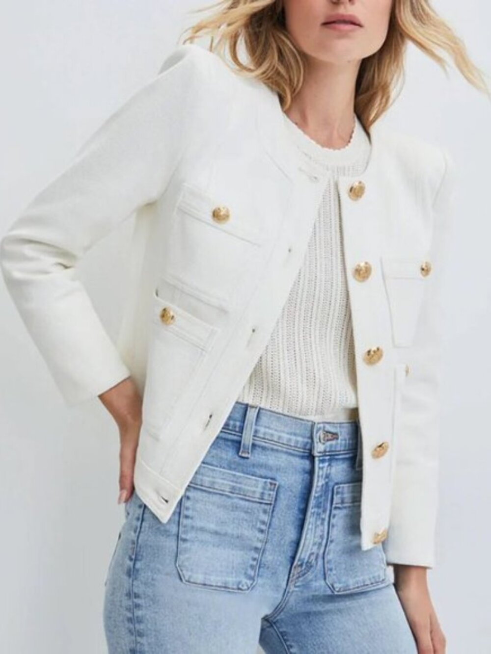 Veronica Beard Ferazia Textured Ecru White Gold Button Collarless Blazer Jacket